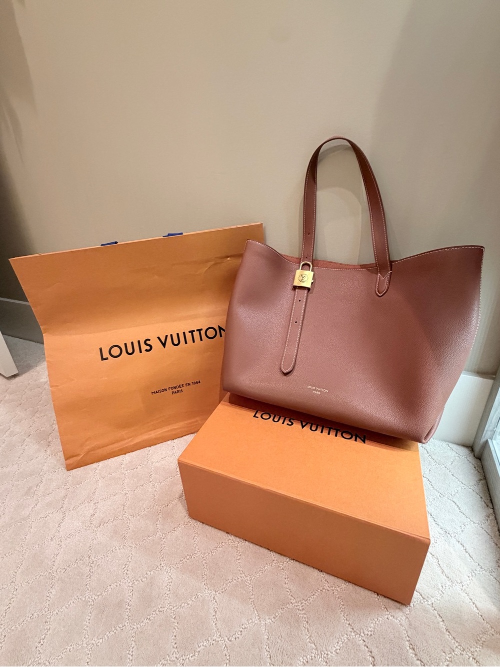 Louis Vuitton Chestnut Brown Leather Tote with Gold Padlock